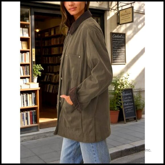 Oversized Utility Cotton Coat Corduroy Collar Vintage Workwear with Pockets - Picture 2 of 7
